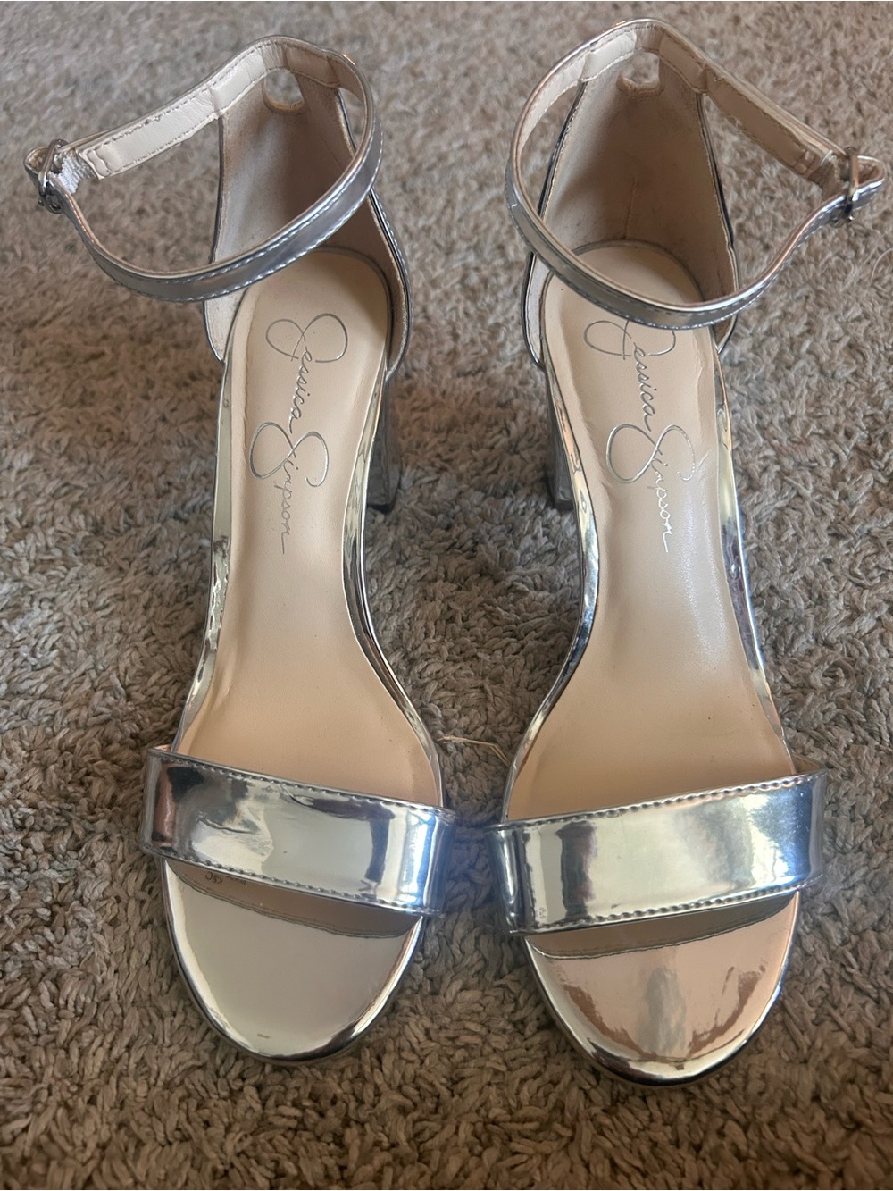 Jessica Simpson Metallic Silver Ankle-Strap Block Heels